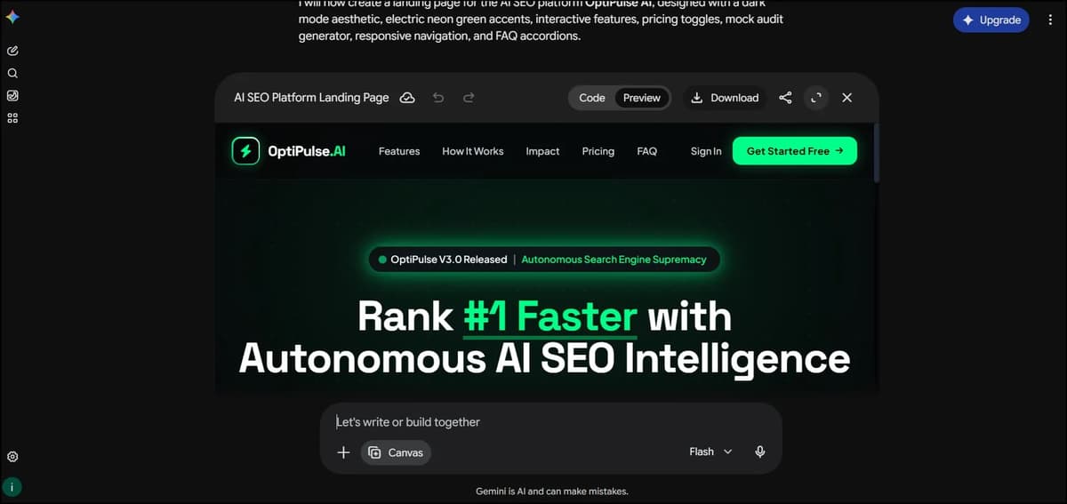 Gemini website-building interface showing an AI SEO landing page